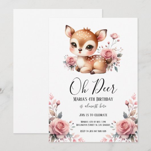 Oh Deer Waterverf Blush roze rozen Verjaardagsfees Kaart (Voorkant / Achterkant)