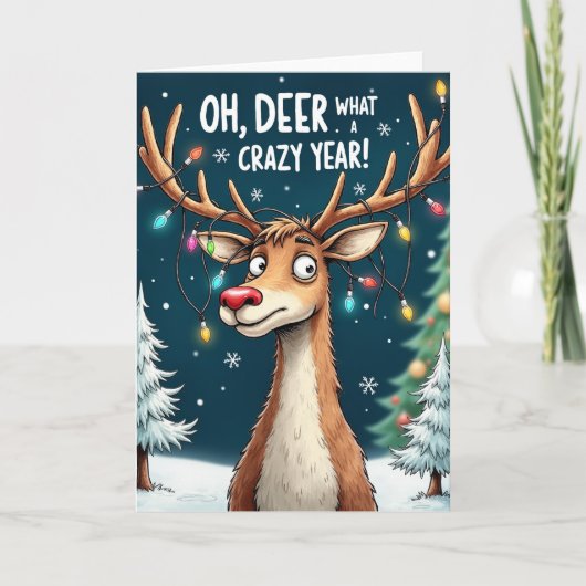 Oh Deer What a Crazy Year Funny Reindeer Card Kaart (Voorkant)