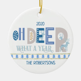 Oh Deer What a Year Fun Kerstblauw Keramisch Ornament