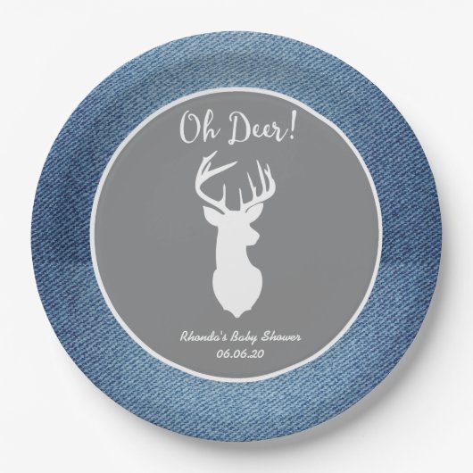 Oh Deer White Buck Aangepast Denim Grey Party Bord (Voorkant)