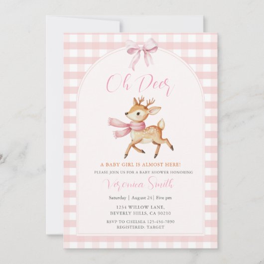 Oh Deer Winter Baby Girl Shower Invitation Kaart (Voorkant)