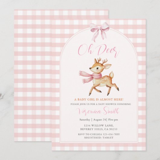 Oh Deer Winter Baby Girl Shower Invitation Kaart (Voorkant / Achterkant)