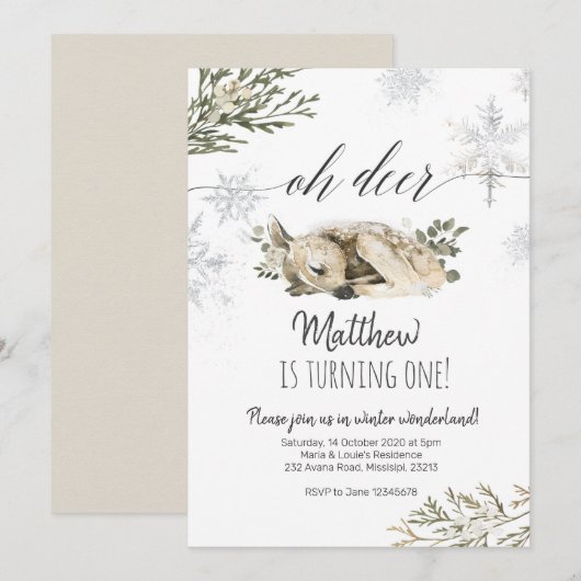 Oh Deer Winter Birthday uitnodiging (Voorkant / Achterkant)