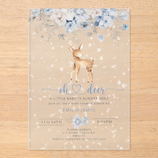 Oh Deer Winter blauw Snow Bow Baby shower Acryl Uitnodigingen (Voorkant)
