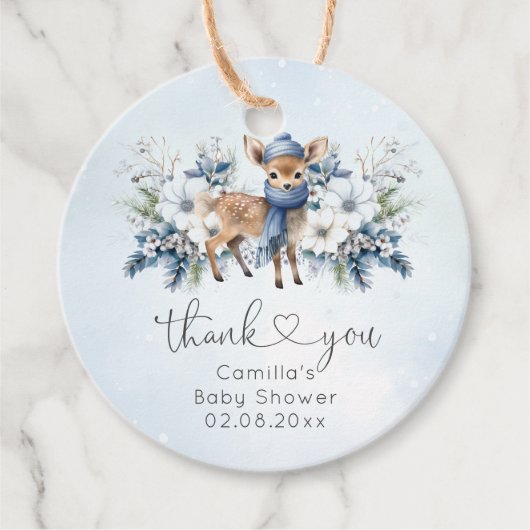 Oh Deer Winter Jongen Blauw Bloemen Baby shower Bedankjes Labels (Voorkant)
