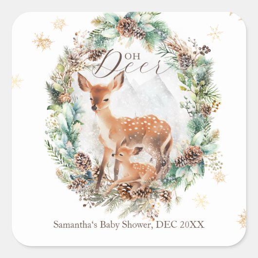 Oh Deer Winter Woodland Snow Baby shower Vierkante Sticker (Voorkant)