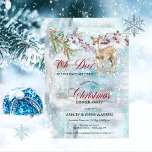 Oh Deer Woodland Animals Winter Kerstfeest Kaart<br><div class="desc">"Oh Deer,  de Feestdagen zijn hier!" bosbouwhuisdieren — herten gekweekt en vogels met een evergroene boomtak en rode bessen onder de sneeuwval — "kerstfeest" design.</div>