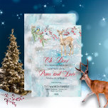Oh Deer Woodland Animals Winter Vrede en Liefde Feestdagenkaart<br><div class="desc">"Oh Deer,  de Feestdagen zijn hier!" bosbouwhuisdieren — herten gekweekt en vogels met een evergroene boomtak en rode bessen onder de sneeuwval — "Vrede en liefde"-ontwerp.</div>