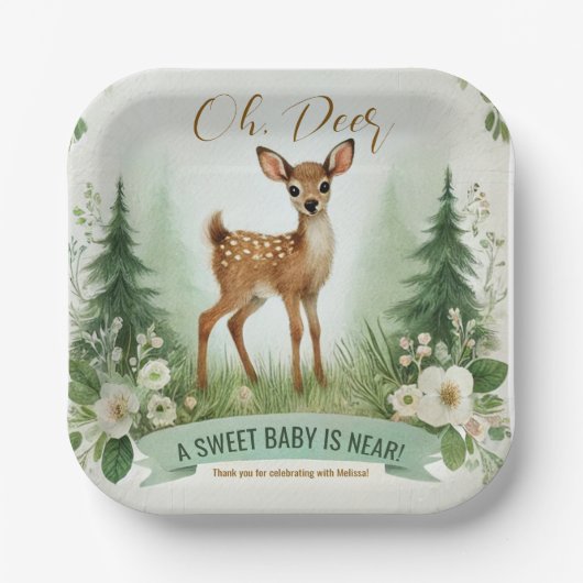 Oh, Deer! Woodland Baby shower Party Papieren Bordje (Voorkant)