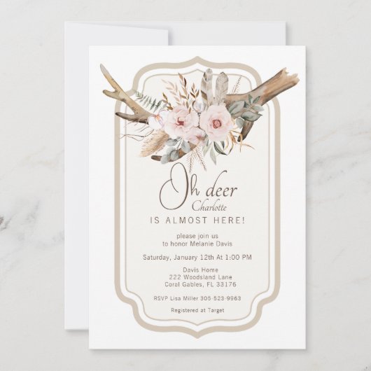 Oh Deer Woodland Baby shower Uitnodiging - Boho Fl (Voorkant)