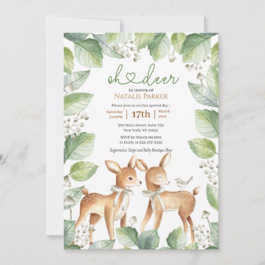 Oh Deer Woodland Deer Floral Greenery Baby shower Kaart (Voorkant)