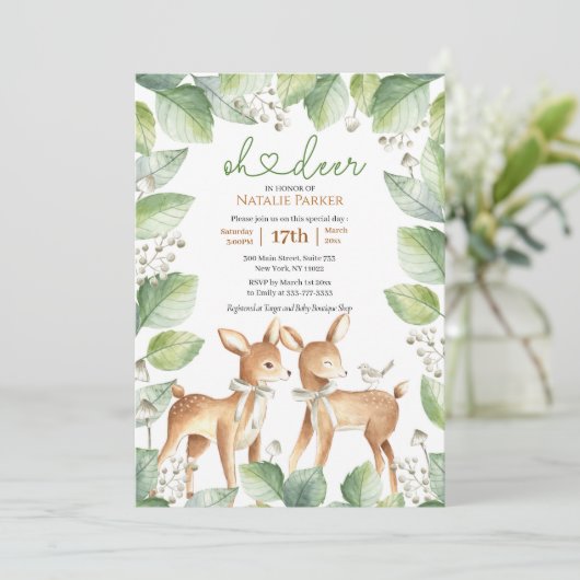 Oh Deer Woodland Deer Floral Greenery Baby shower Kaart (Staand voorkant)