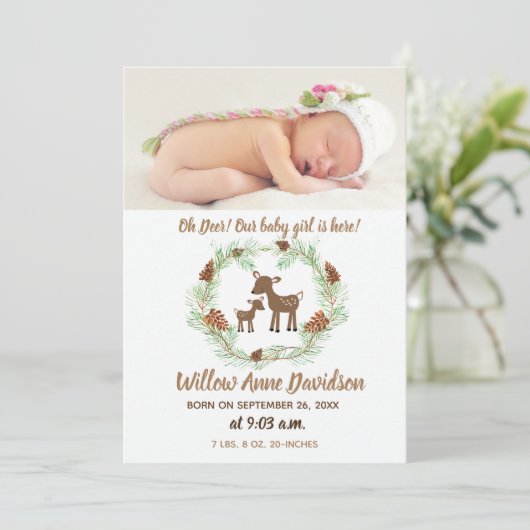 Oh Deer Woodland Natuur Foto geboorteaankondiging Aankondiging (Staand voorkant)