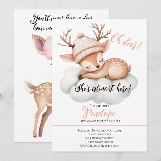 Oh Deer, ze is bijna hier Baby shower Invitation Kaart (Voorkant / Achterkant)