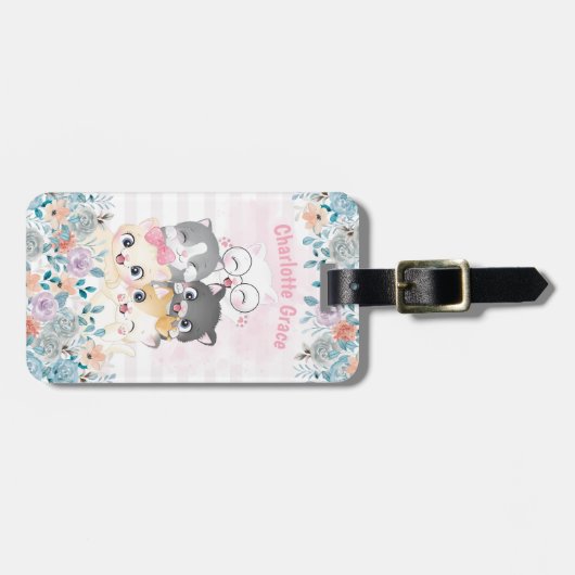 Oh, dus Girly Cute Happy Kitten Friends Floral Nam Bagagelabel (Voorkant horizontaal)