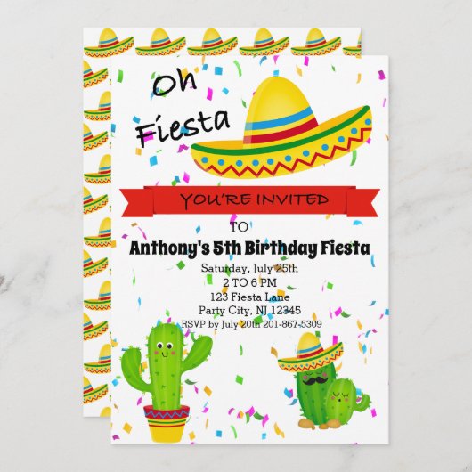 Oh Fiesta Kids Birthday Party Invitation Kaart (Voorkant / Achterkant)