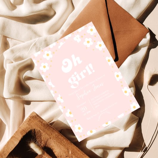 Oh Girl Baby shower | Retro jaren 70 Roze Daisy Kaart