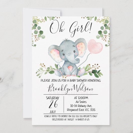 Oh Girl Elephant Balloon Baby shower Uitnodiging (Voorkant)