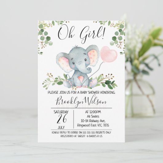 Oh Girl Elephant Balloon Baby shower Uitnodiging (Staand voorkant)