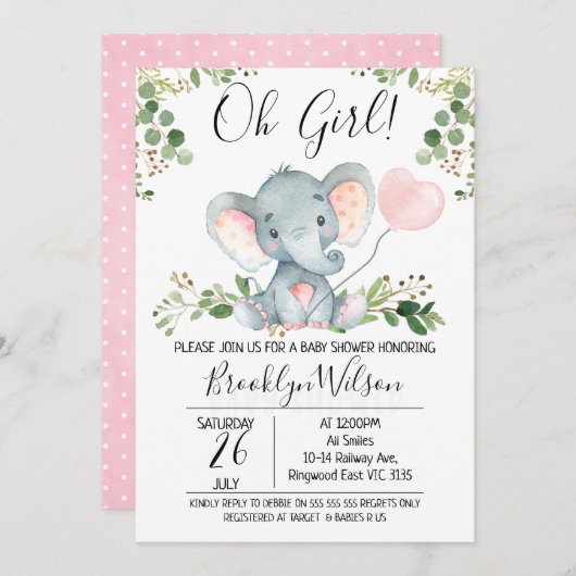 Oh Girl Elephant Balloon Baby shower Uitnodiging (Voorkant / Achterkant)