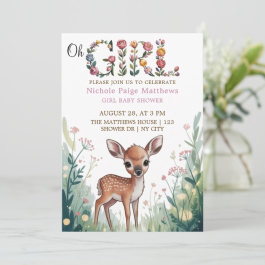 Oh Girl: Little Deer Fawn Baby shower Kaart (Staand voorkant)