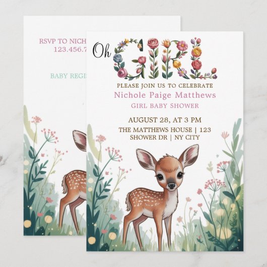 Oh Girl: Little Deer Fawn Baby shower Kaart (Voorkant / Achterkant)