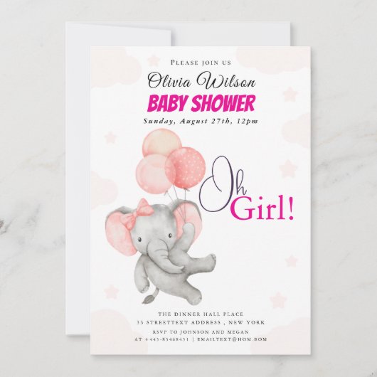 Oh Girl Olifant Baby Shower Uitnodiging (Voorkant)