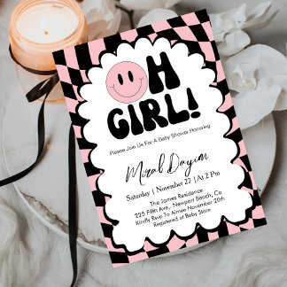 Oh Girl! Pink Checkered Happy Face Baby Shower Kaart