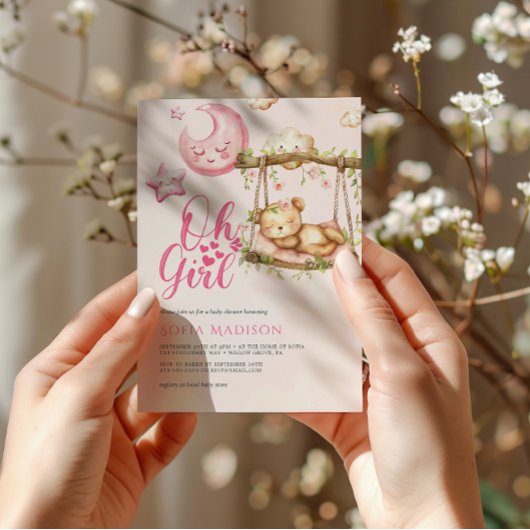 Oh Girl Pink Teddy Bear Baby shower Kaart