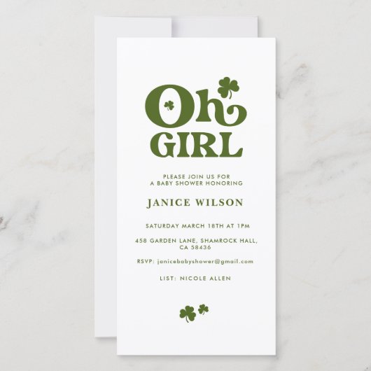 Oh Girl St.Patrick's Day Baby shower Digital Evite Aankondiging (Voorkant)