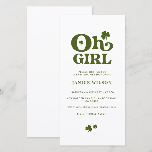 Oh Girl St.Patrick's Day Baby shower Digital Evite Aankondiging (Voorkant / Achterkant)