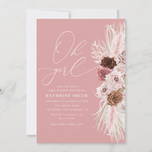 Oh Girl Stof Roze Pampas Bloem baby shower Kaart