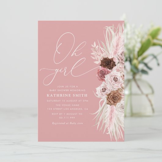 Oh Girl Stof Roze Pampas Bloem baby shower Kaart (Staand voorkant)