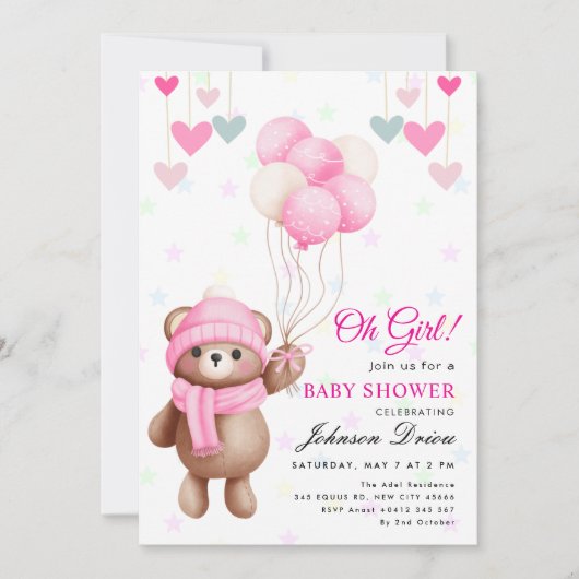 “Oh Girl!” teddy bear balloon baby shower Kaart (Voorkant)
