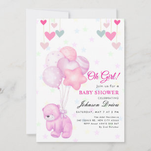 “Oh Girl!” teddybeer ballon baby shower Uitnodigin Kaart