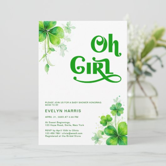 Oh Girl Waterverf Green Script Baby shower Kaart (Staand voorkant)