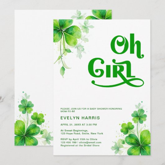 Oh Girl Waterverf Green Script Baby shower Kaart (Voorkant / Achterkant)