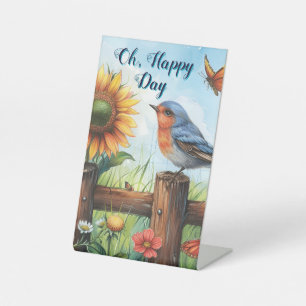 Oh Happy Day Bluebird en zonnebloem voetstuk teken Reclamebord Met Voetstuk