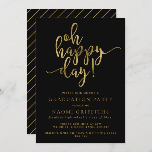 Oh Happy Day Gold Script Graduparty nodigt uit Kaart (Voorkant / Achterkant)