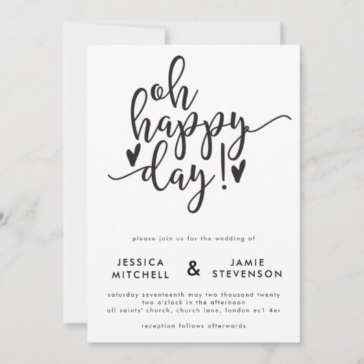 Oh Happy Day Typographic Wedding Invitation Kaart (Voorkant)