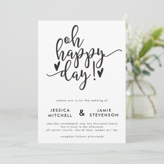 Oh Happy Day Typographic Wedding Invitation Kaart (Staand voorkant)