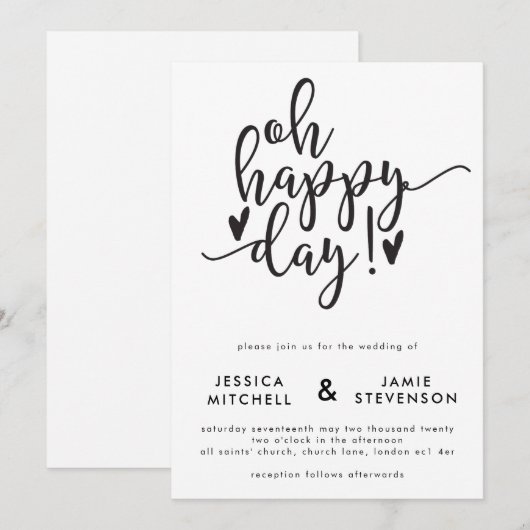 Oh Happy Day Typographic Wedding Invitation Kaart (Voorkant / Achterkant)