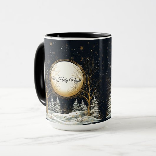 Oh Heilige Nacht Kerstmis Zwarte Gouden Pijnbomen Mok (Voorkant links)