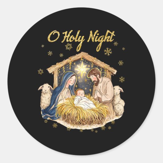 Oh Heilige Nachtelijke Religieuze Kerstkerst Scene Ronde Sticker (Voorkant)