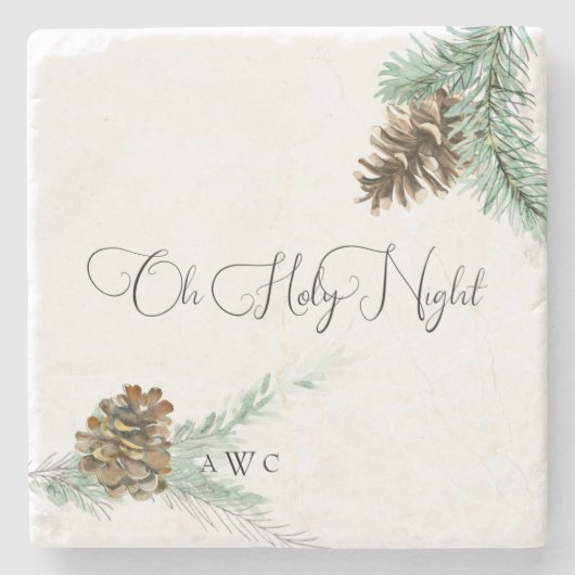 Oh Heilige Night Pine Cone & Bough Kerstmonogram Stenen Onderzetter (Voorkant)