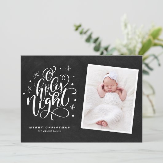 Oh Heilige Night Script Rustic Chalkboard Foto Feestdagenkaart (Staand voorkant)