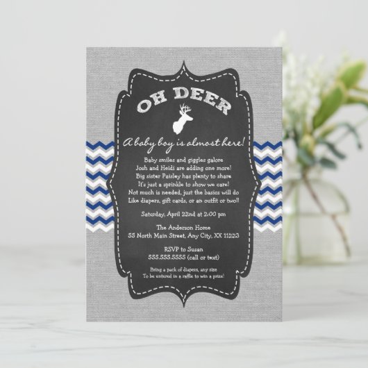 Oh hert hertje baby feestje navy grijs wit kaart (Staand voorkant)