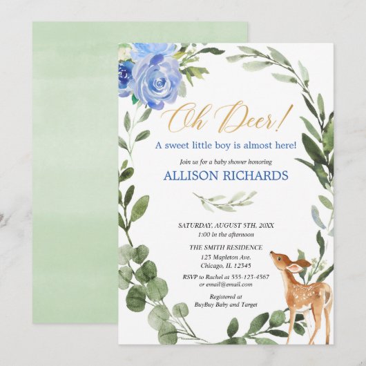 Oh herten blauw goud eucalyptus jongen baby shower kaart (Voorkant / Achterkant)