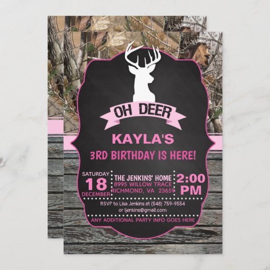 OH Herten Verjaardag Uitnodiging - Meisje (Voorkant / Achterkant)
