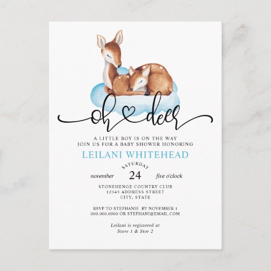 Oh Herten Waterverf Blue Cloud Baby shower Invite Briefkaart (Voorkant)